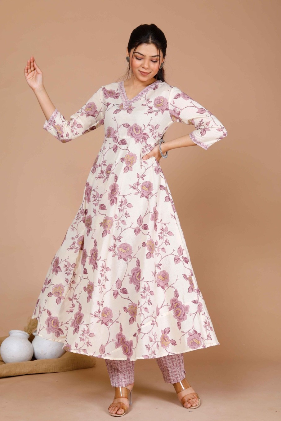 Women Miravan | Women'S Floral Printed Anarkali Kurta With Palazzo - Miravan Pink