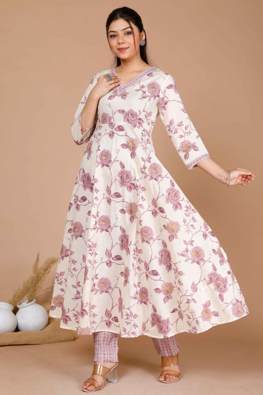 Women Miravan | Women'S Floral Printed Anarkali Kurta With Palazzo - Miravan Pink