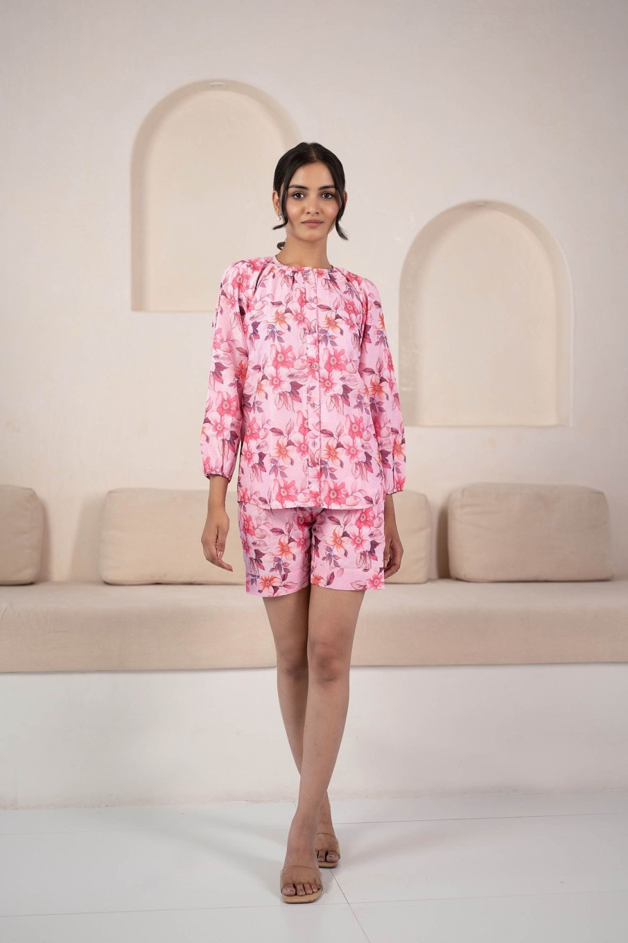 Women SARAS THE LABEL | Floral Print Night Suit Set For Women By Saras The Label- 2Pc Set Pink