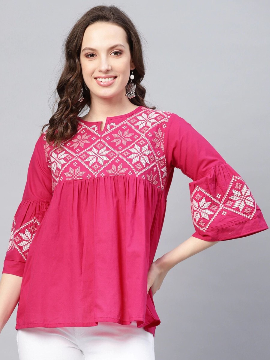 Women Wahe-NOOR | Women'S Pink Embroidered Empire Top - Wahe-Noor