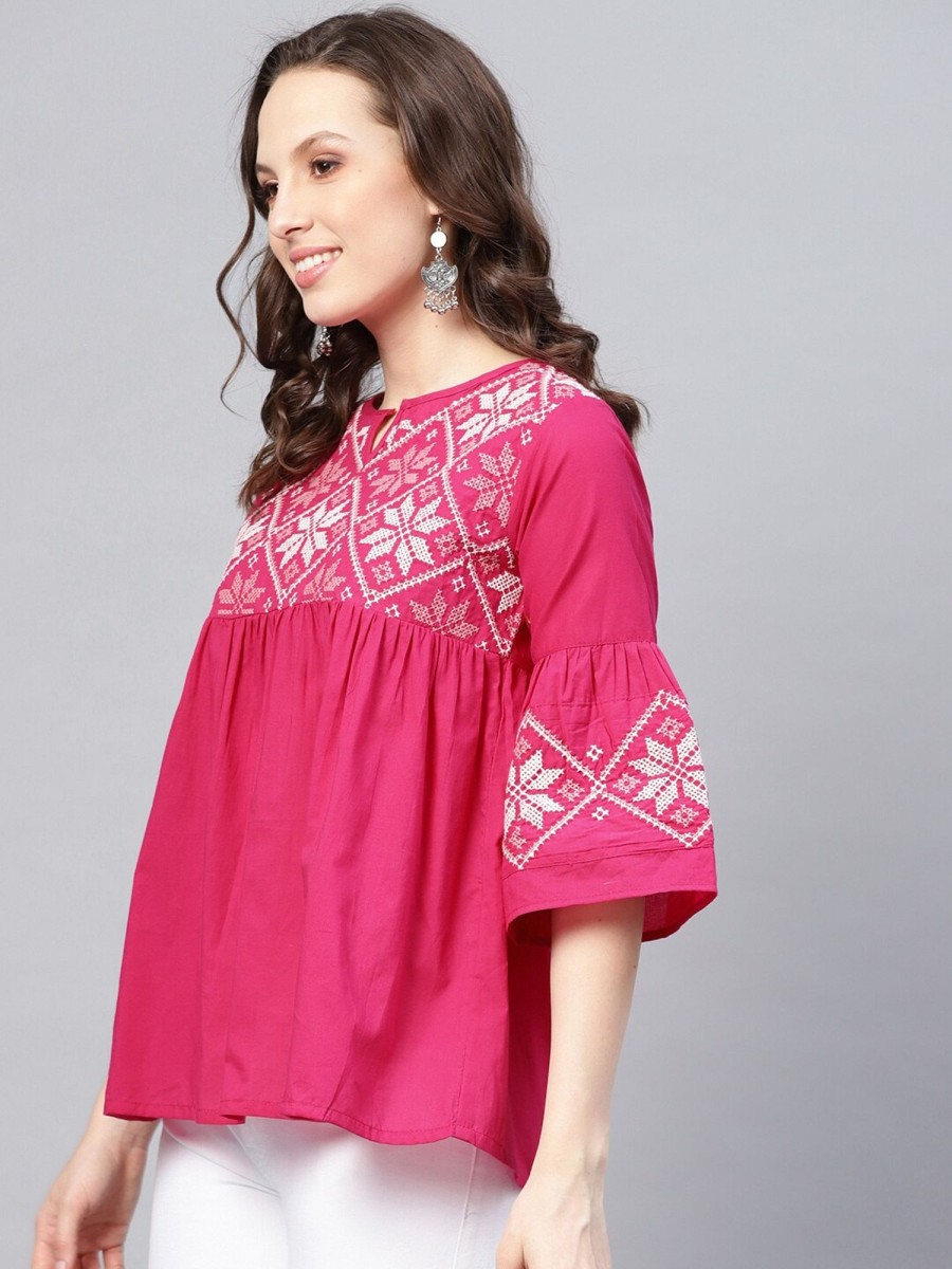 Women Wahe-NOOR | Women'S Pink Embroidered Empire Top - Wahe-Noor