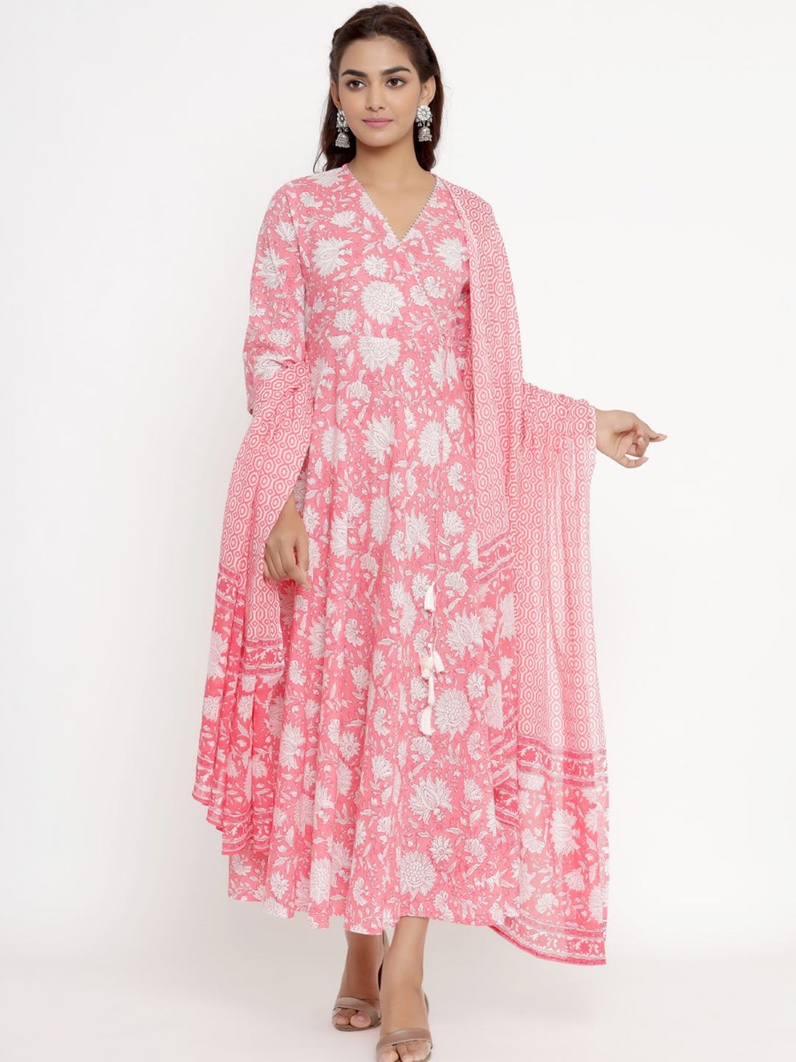 Women Miravan | Women'S Cotton Floral Print Anarkali Kurta With Dupatta - Miravan Pink