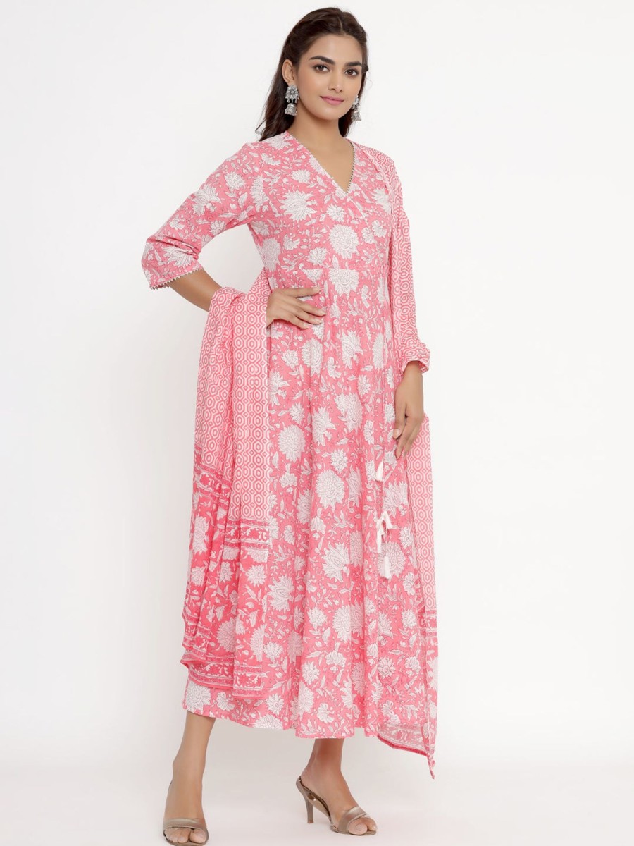 Women Miravan | Women'S Cotton Floral Print Anarkali Kurta With Dupatta - Miravan Pink