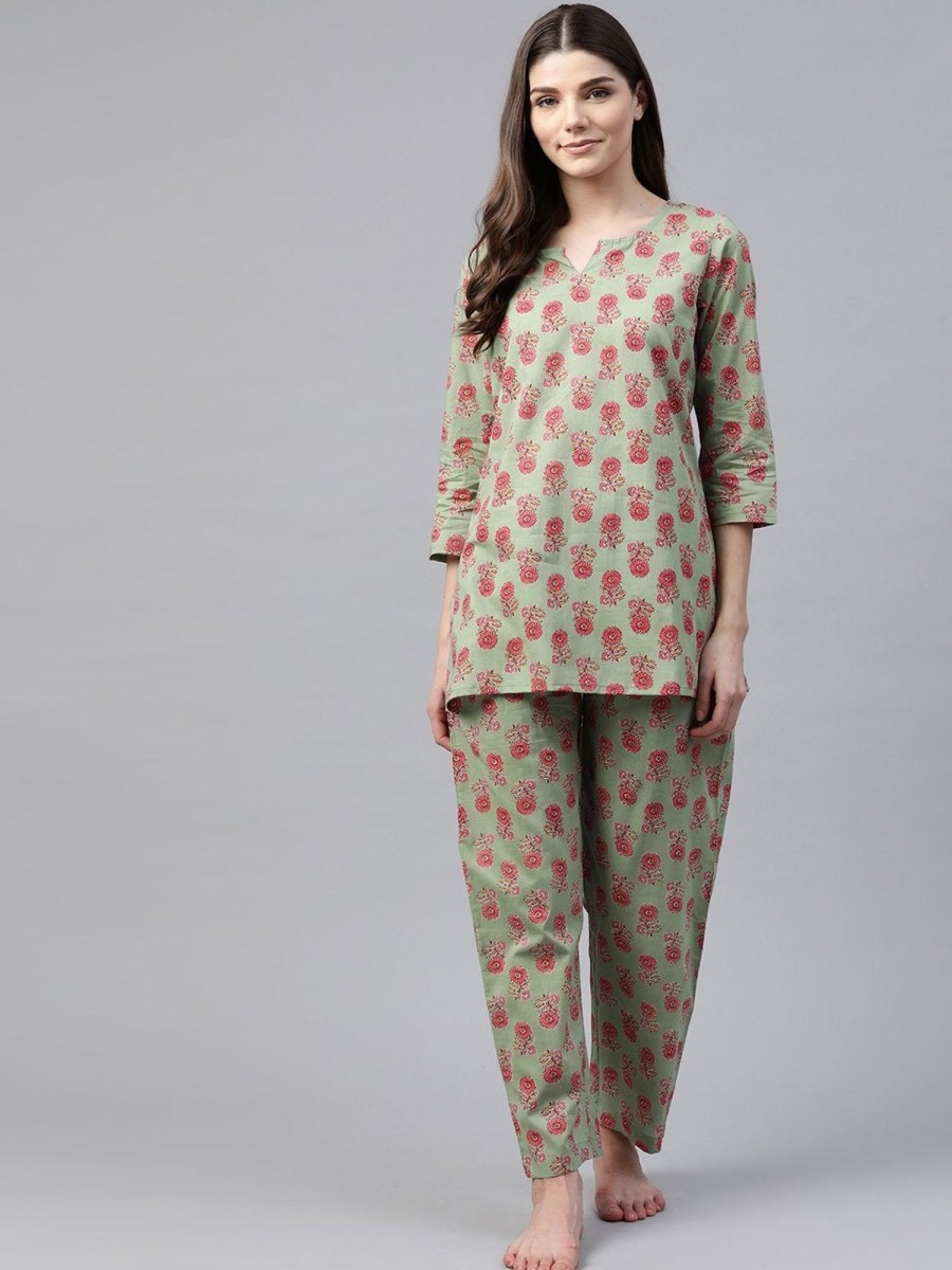 Women Divena | Women'S Green Printed Loungewear /Nightwear - Divena