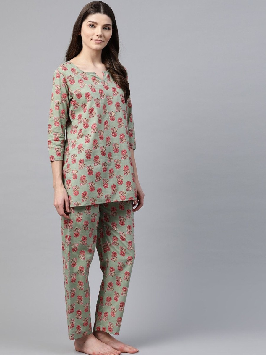 Women Divena | Women'S Green Printed Loungewear /Nightwear - Divena