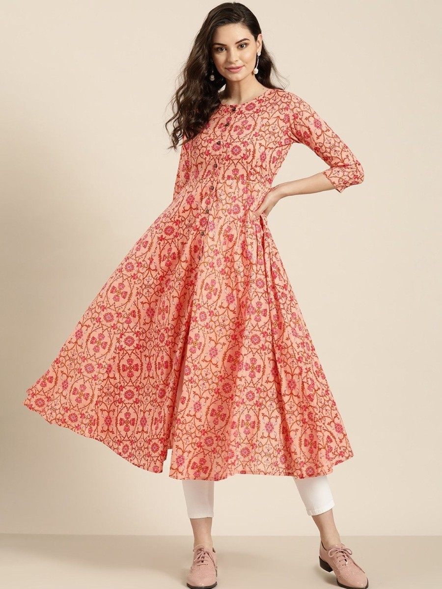 Women SHAE | Women'S Peach Floral Front Open Anarkali Kurta - Shae