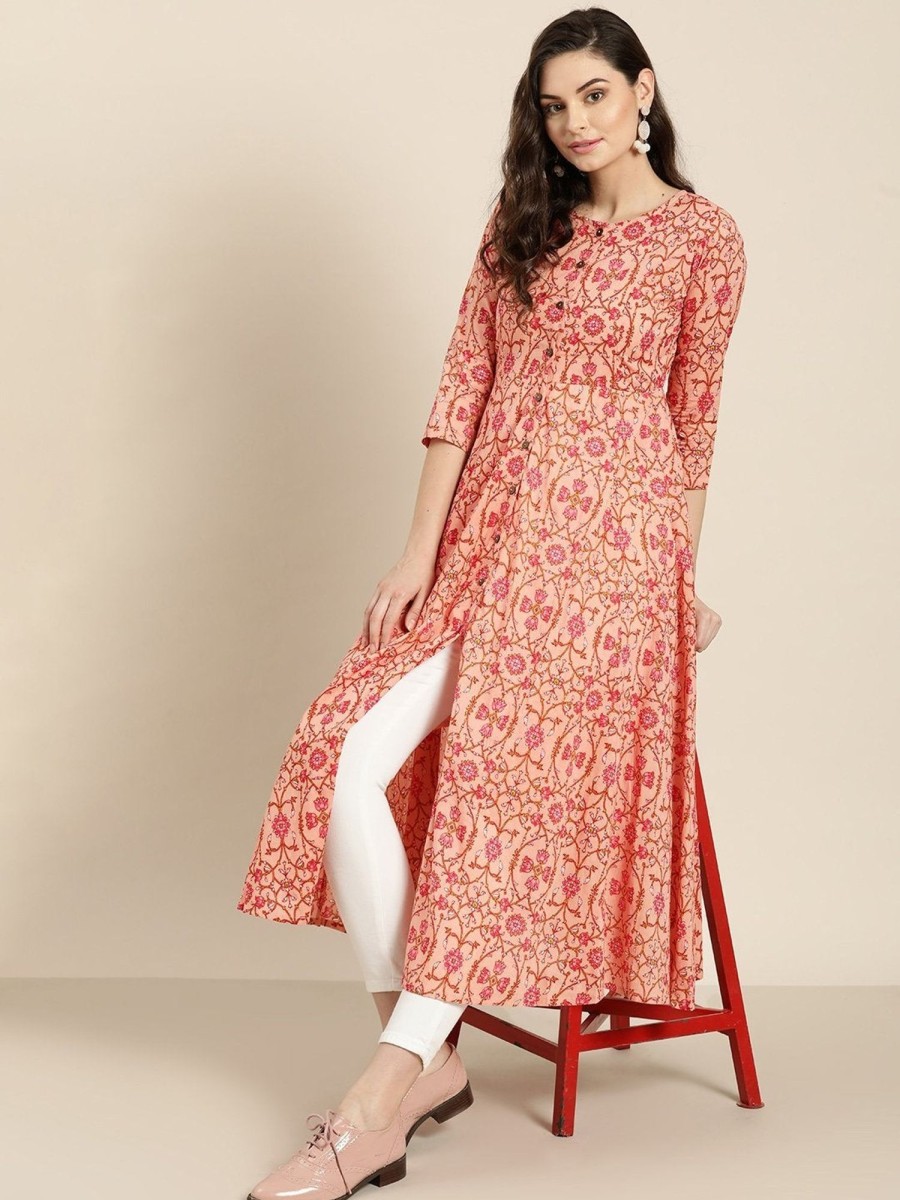 Women SHAE | Women'S Peach Floral Front Open Anarkali Kurta - Shae