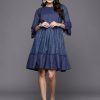 Women Indo Era | Women'S Striped A-Line Ethnic Dress - Indo Era Blue