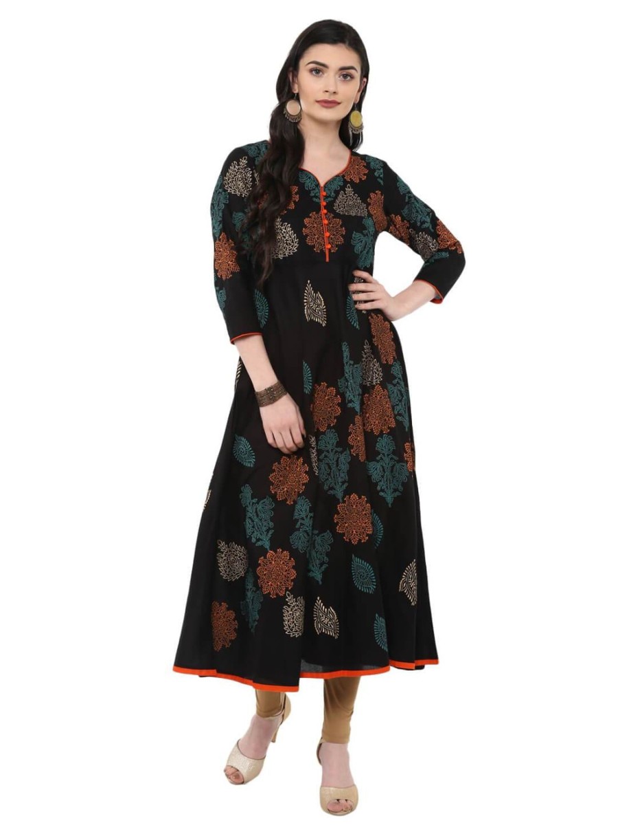 Women NOZ2TOZ | Women'S Black Cotton Printed Anarkali With Multicoloured Ajrakh Hand Block Print - Noz2Toz