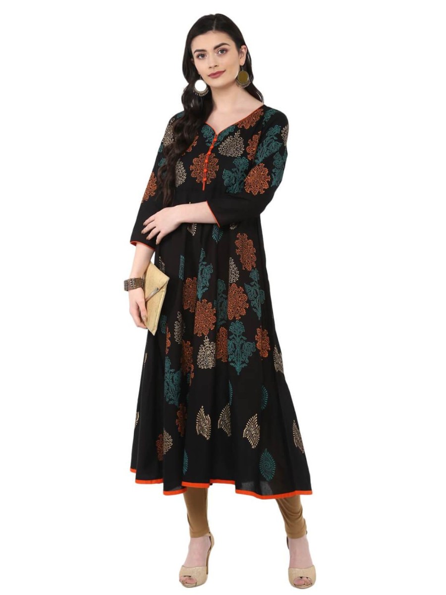 Women NOZ2TOZ | Women'S Black Cotton Printed Anarkali With Multicoloured Ajrakh Hand Block Print - Noz2Toz