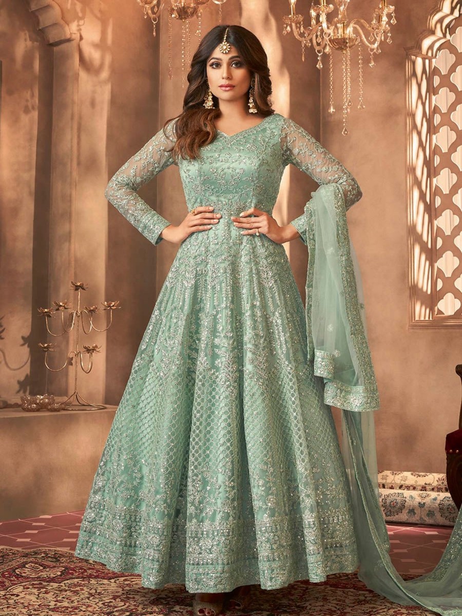 Women Myracouture | Women Sea Green Embroidered Anarkali Suit By Myracouture (2Pcs Set)