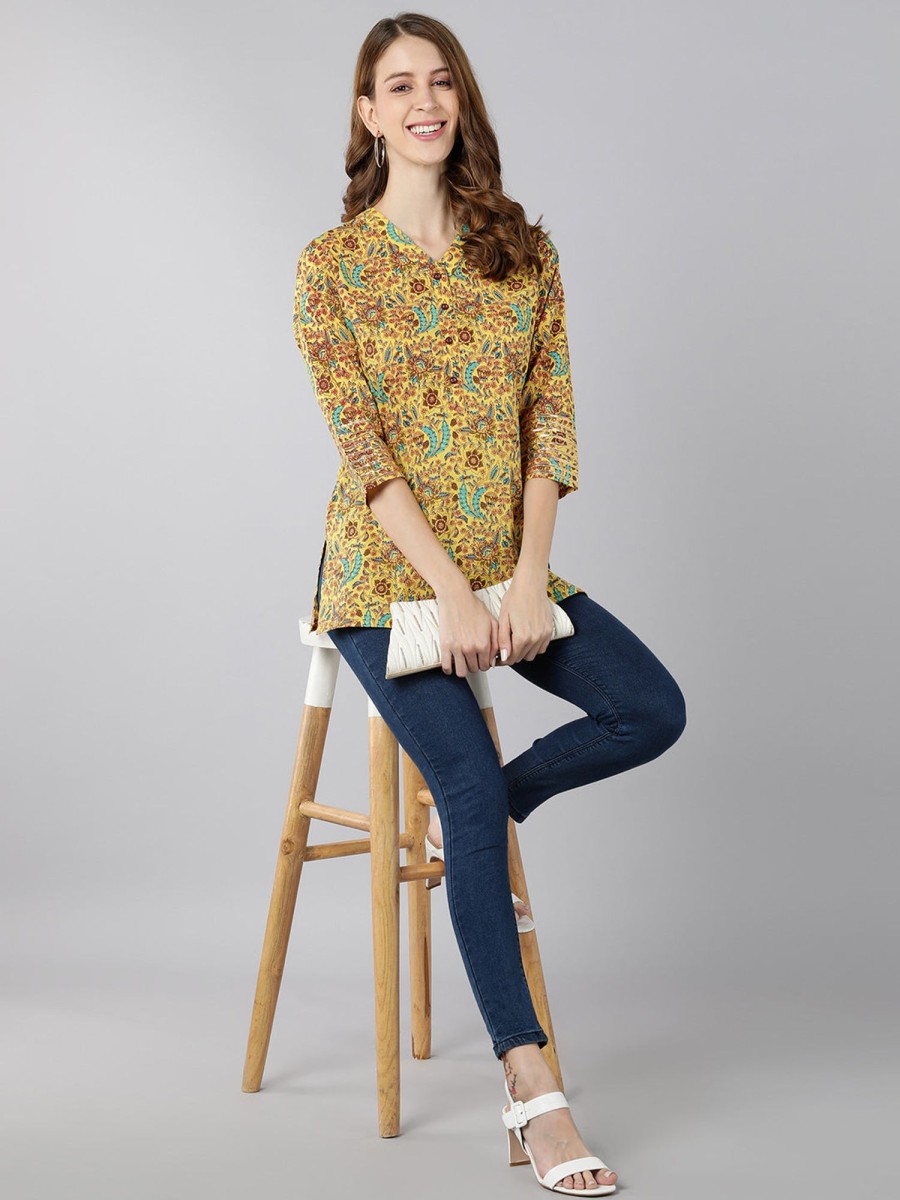 Women Kipek | Women'S Cotton Floral Print Straight Top ( ) - Kipek Yellow