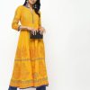 Women CHEERA | Women'S Front Contrast Butning And Beautiful Block Print Design Anarkali Kurta Only - Cheera Mustard