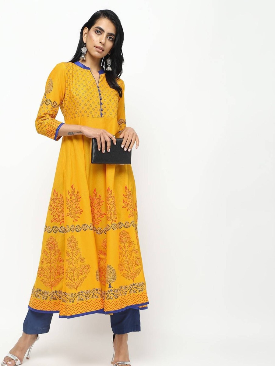 Women CHEERA | Women'S Front Contrast Butning And Beautiful Block Print Design Anarkali Kurta Only - Cheera Mustard