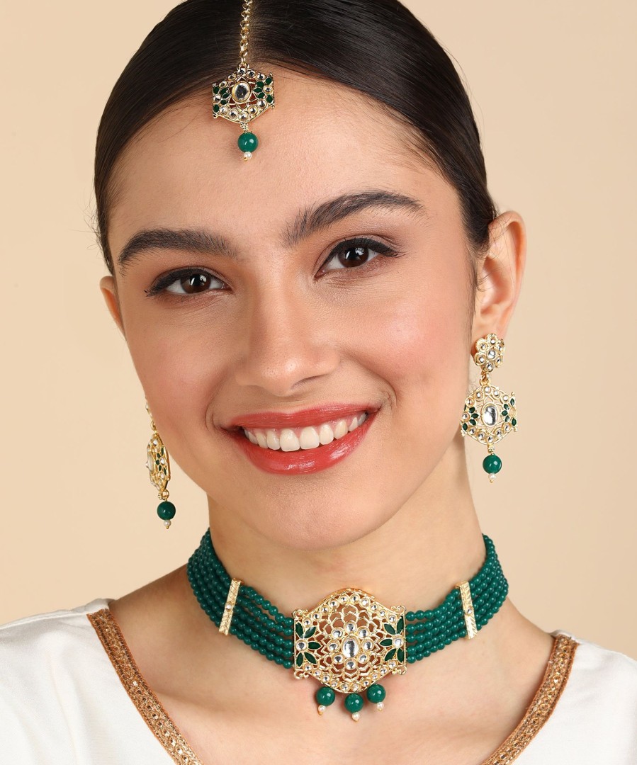 Jewellery Zaffre Collections | Women'S/Girl'S Choker Set With Maang Tikka And Meena - Zaffre Collections Green