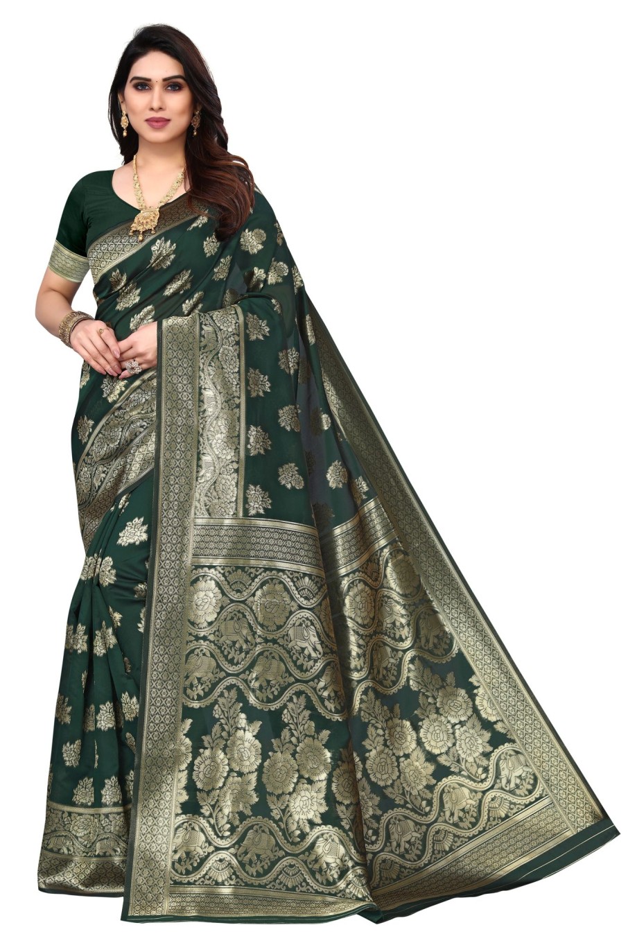 Women Varanga | Women'S Dark Color Banarasi Silk Saree With Blouse - Varanga Green