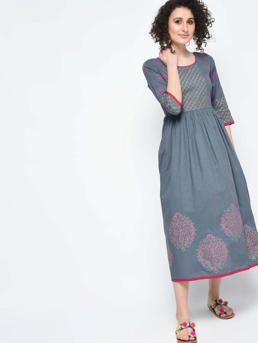 Women CHEERA | Women'S Gray Hand Block Print Anarkali Kurta Only - Cheera