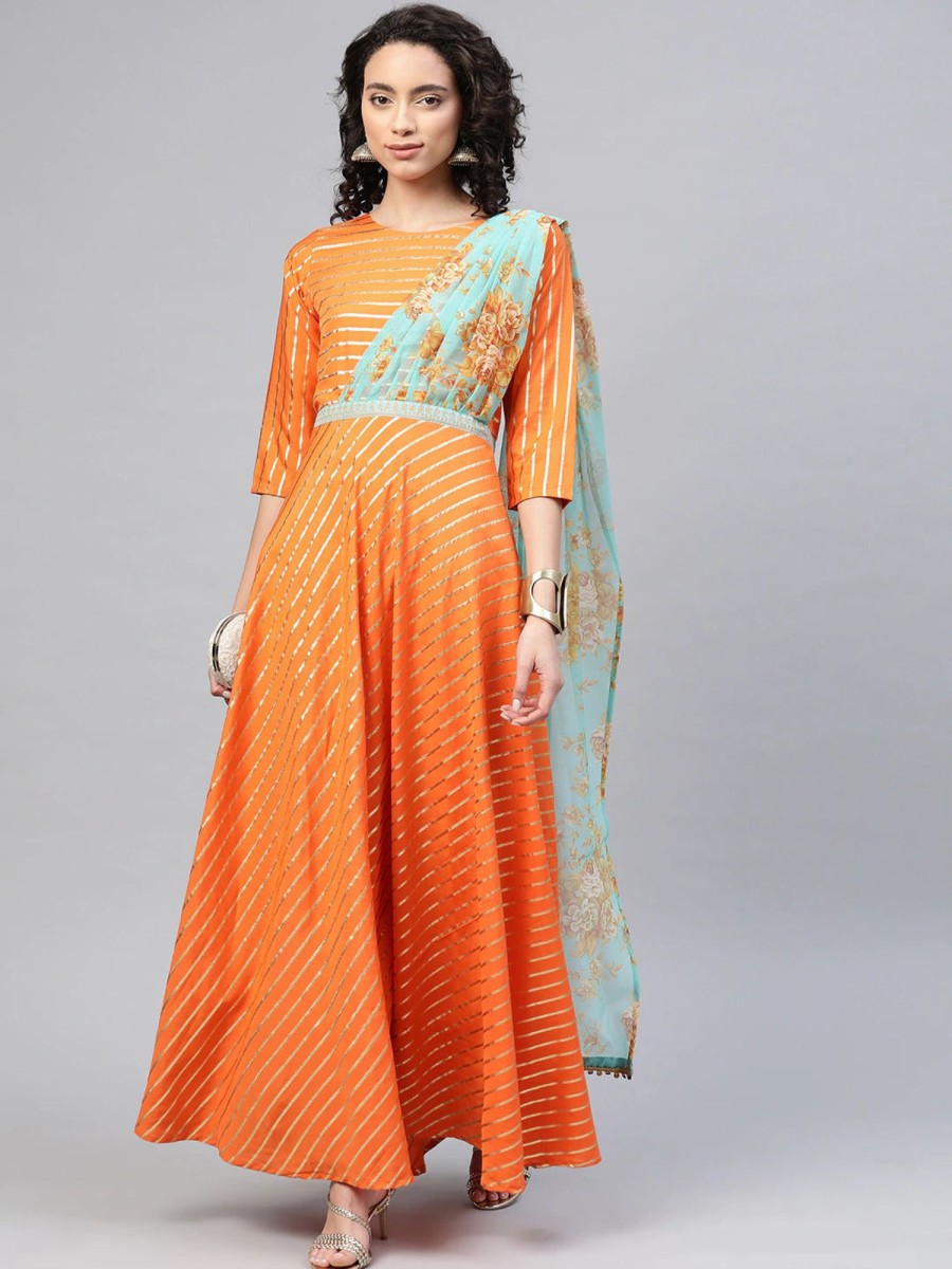 Women Ahalyaa | Women'S Anarkali Kurta With Attached Dupatta By Ahalyaa (1 Pc Set) Orange