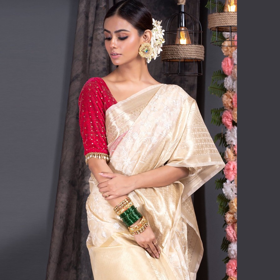 Women BOVEEE | Women'S Organza Silk Saree With Zari Border And Embroidered Jaal - Boveee Ivory