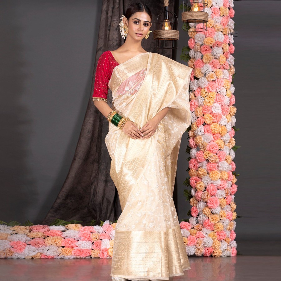 Women BOVEEE | Women'S Organza Silk Saree With Zari Border And Embroidered Jaal - Boveee Ivory