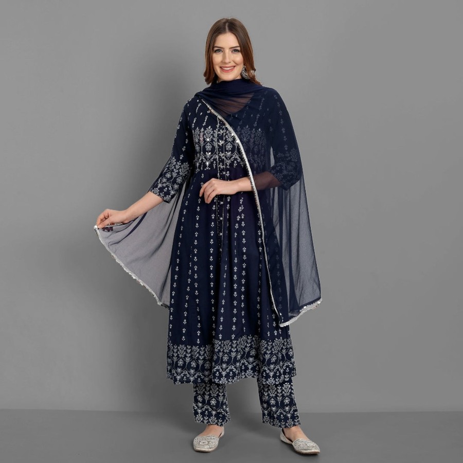 Women SINGNI | Women'S Rayon Printed Embroidered Anarkali Kurta And Pant With Chiffon Dupatta Set - Singni Blue