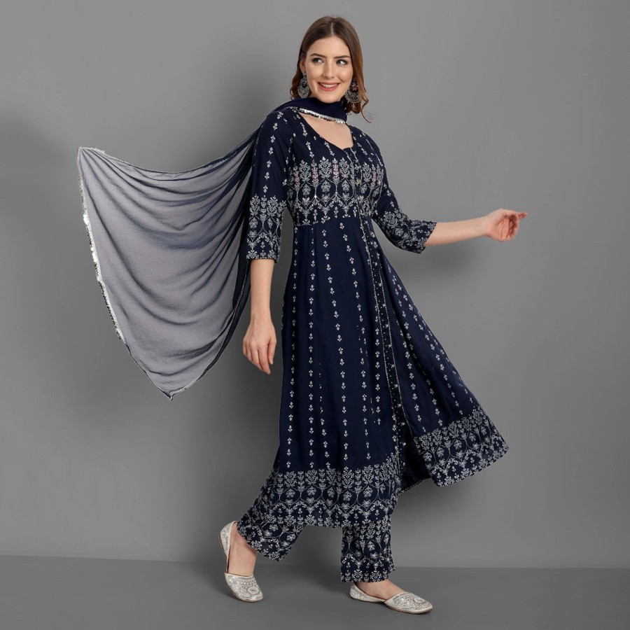 Women SINGNI | Women'S Rayon Printed Embroidered Anarkali Kurta And Pant With Chiffon Dupatta Set - Singni Blue