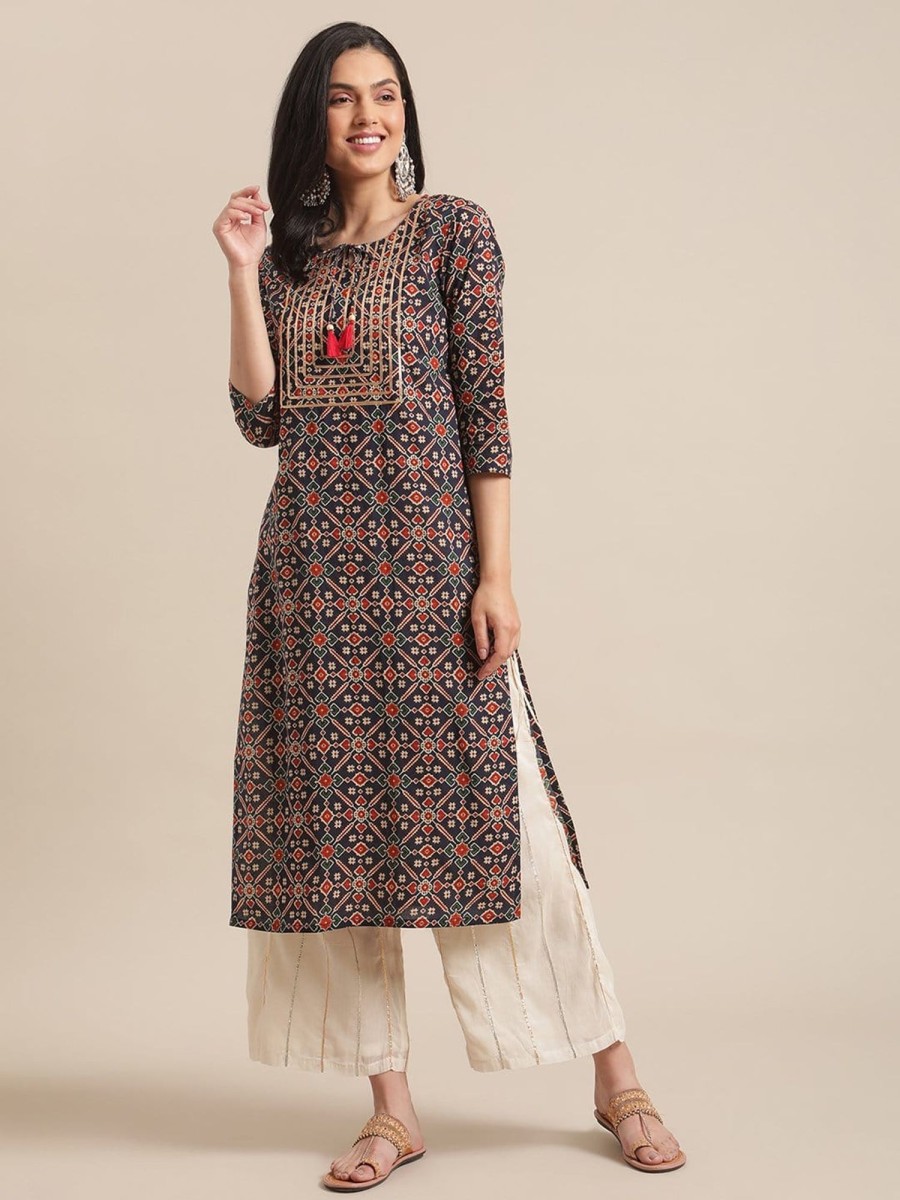 Women Varanga | Women'S Blue And Maroon Abstract Printed Kurta With Gota Work On Yoke And 3/4Th Sleeves - Varanga