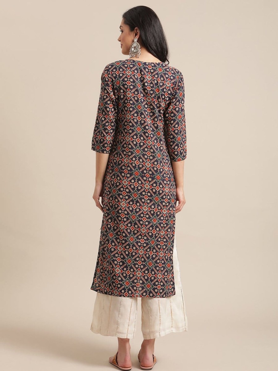 Women Varanga | Women'S Blue And Maroon Abstract Printed Kurta With Gota Work On Yoke And 3/4Th Sleeves - Varanga