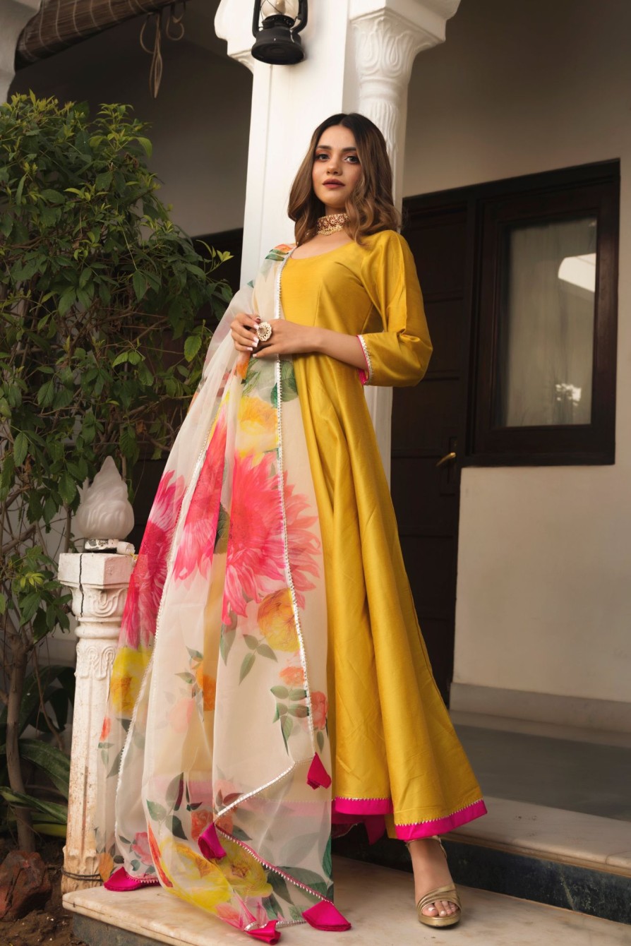 Women Pomcha Jaipur USA | Women'S Sunflower Cotton Silk Yellow Anarkali- Pomcha Jaipur Usa