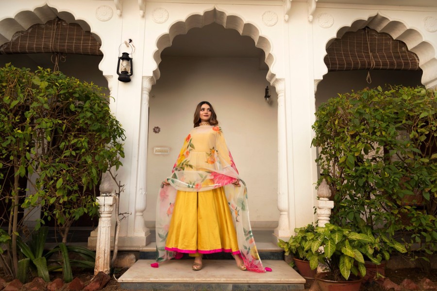 Women Pomcha Jaipur USA | Women'S Sunflower Cotton Silk Yellow Anarkali- Pomcha Jaipur Usa