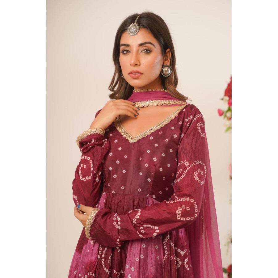 Women Rangpur | Women'S Mauve Bandhani Anarkali Kurta With Dupatta - Rangpur Purple