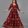 Women AAYUMI | Women'S Printed Flared Anarkali With Tessle - Aayumi Maroon