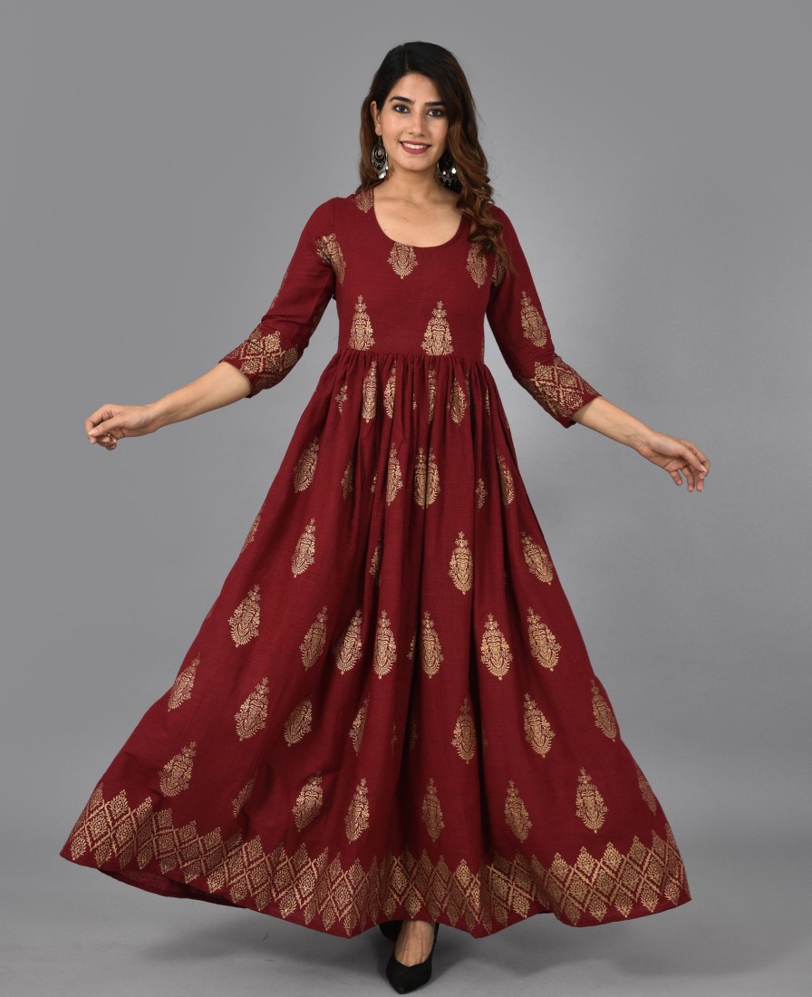 Women AAYUMI | Women'S Printed Flared Anarkali With Tessle - Aayumi Maroon