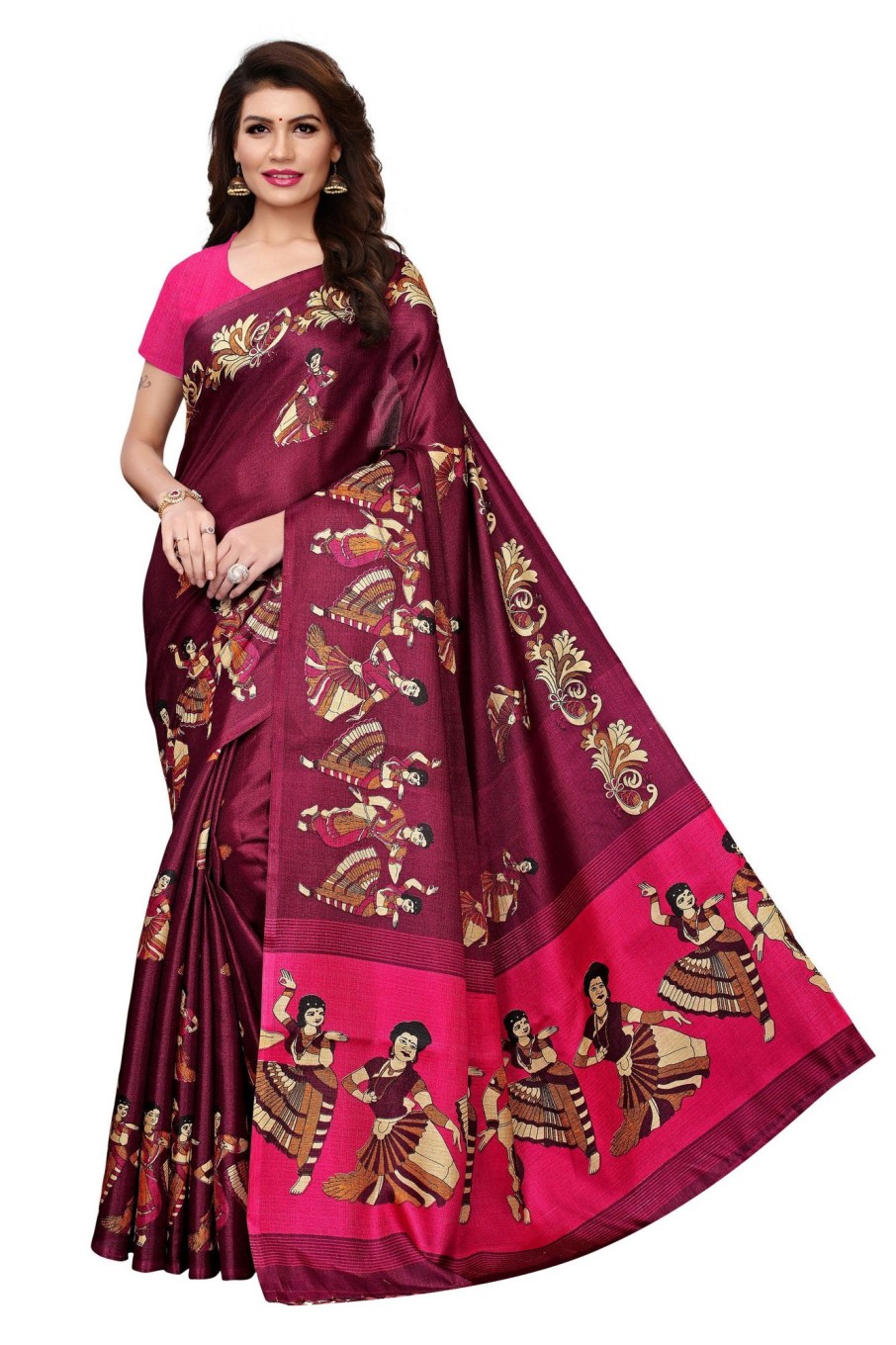 Women Vamika | Women'S Vamika Rama Kalamkari With Jhalar Khadi Silk Saree Kathak Vamika Wine