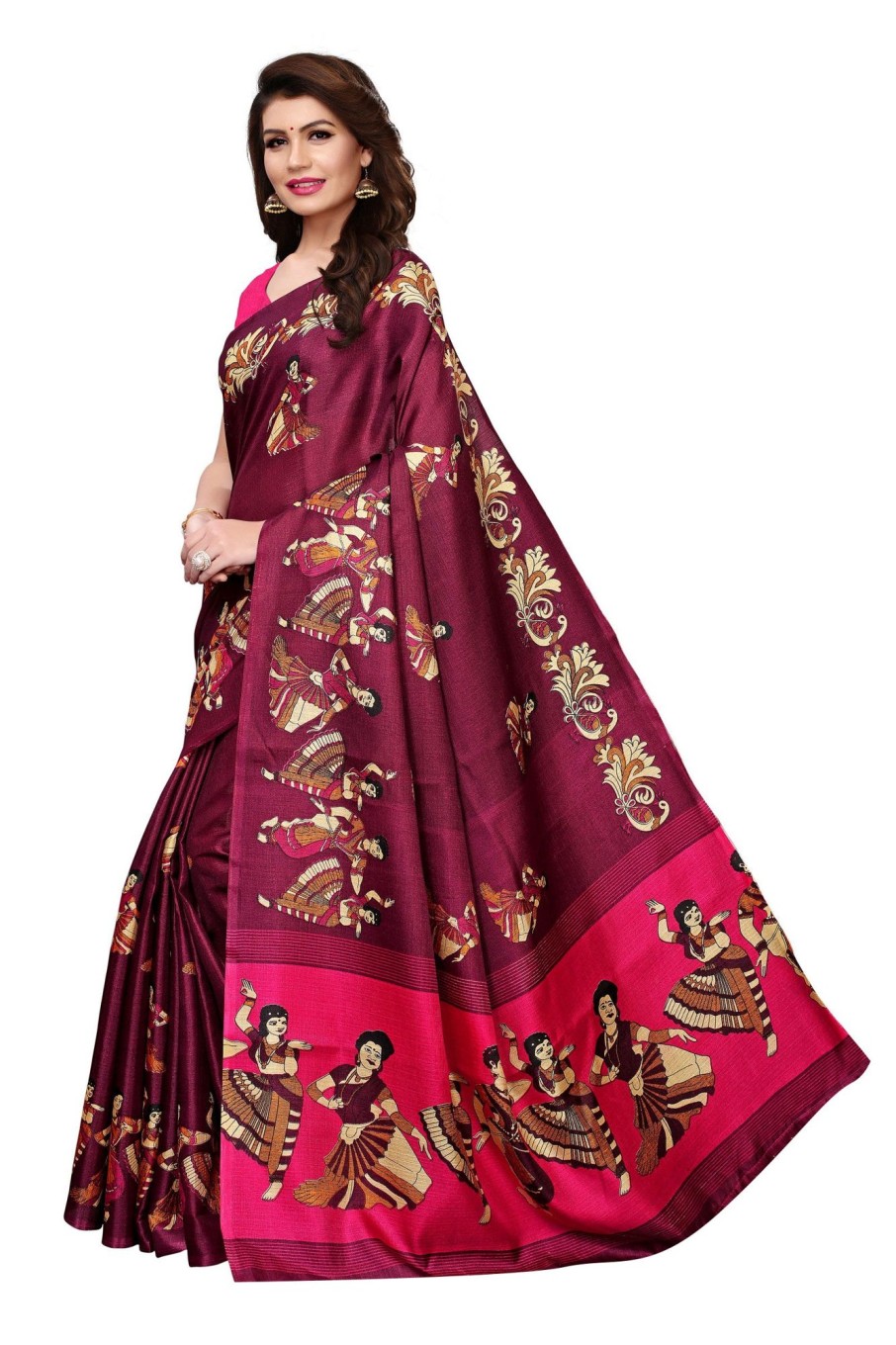 Women Vamika | Women'S Vamika Rama Kalamkari With Jhalar Khadi Silk Saree Kathak Vamika Wine