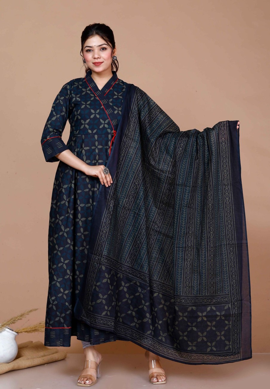 Women Miravan | Women'S Abstract Printed U0026 Tasseles Angrakha Kurta With Dupatta Set - Miravan Blue