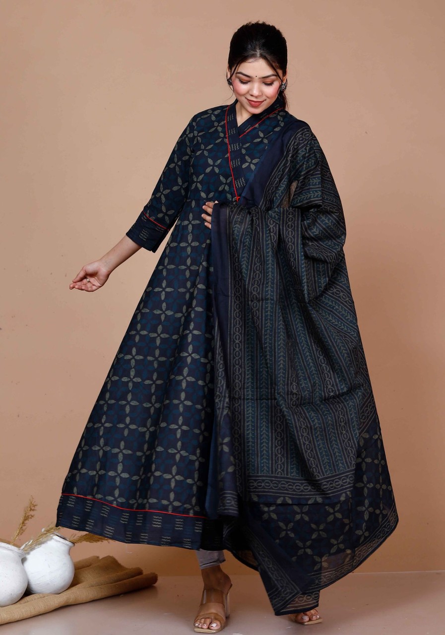 Women Miravan | Women'S Abstract Printed U0026 Tasseles Angrakha Kurta With Dupatta Set - Miravan Blue