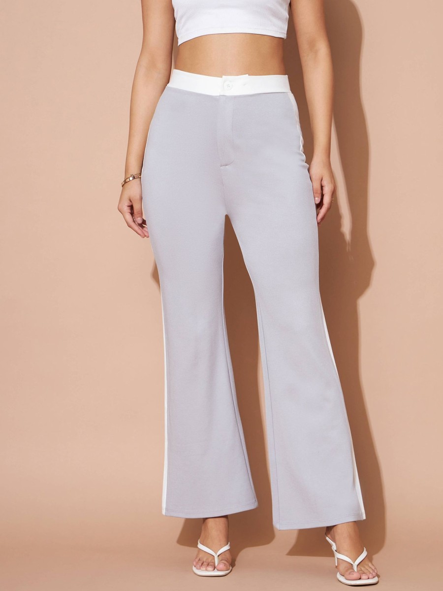 Women Lyush | Women'S Grey And White Colour Block Pants - Lyush