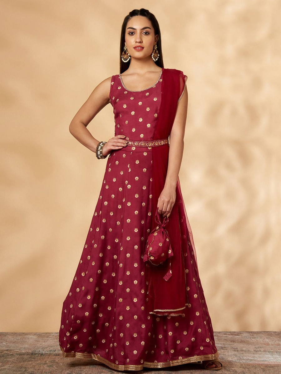 Women IMARA | Women'S Wine Printed Belt Anarkali Lehenga Set - Imara Maroon