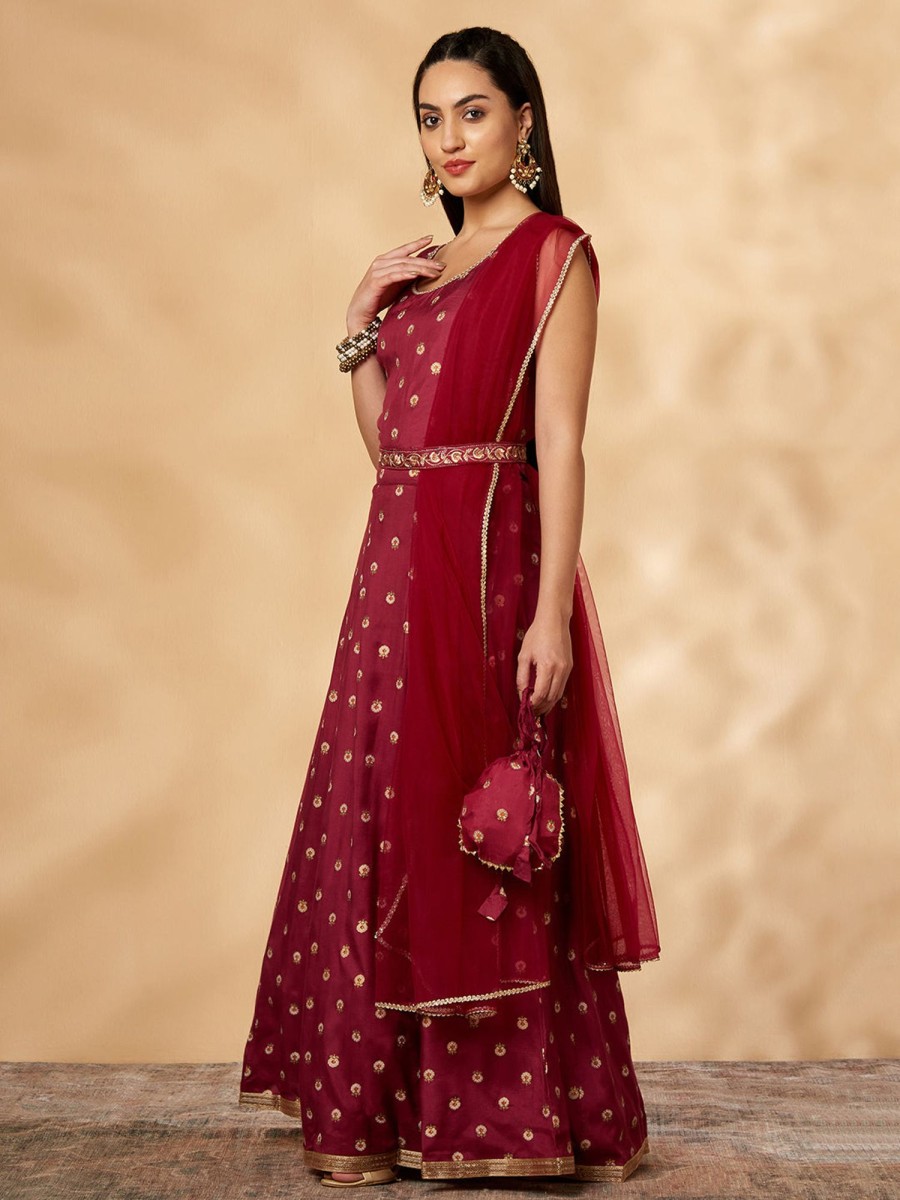 Women IMARA | Women'S Wine Printed Belt Anarkali Lehenga Set - Imara Maroon