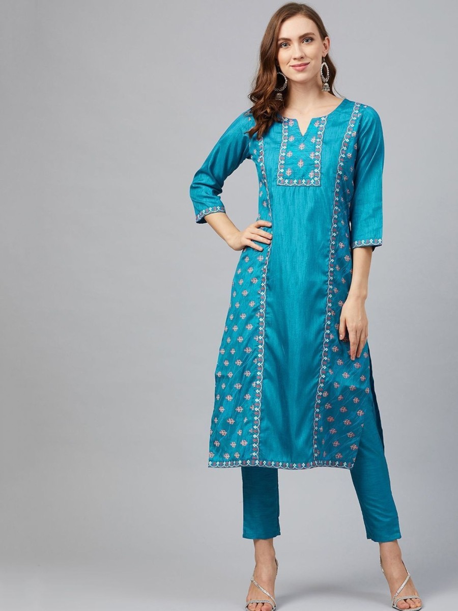 Women Ziyaa | Women'S Blue Colour Straight Art Silk Kurta - Ziyaa Peacock Blue