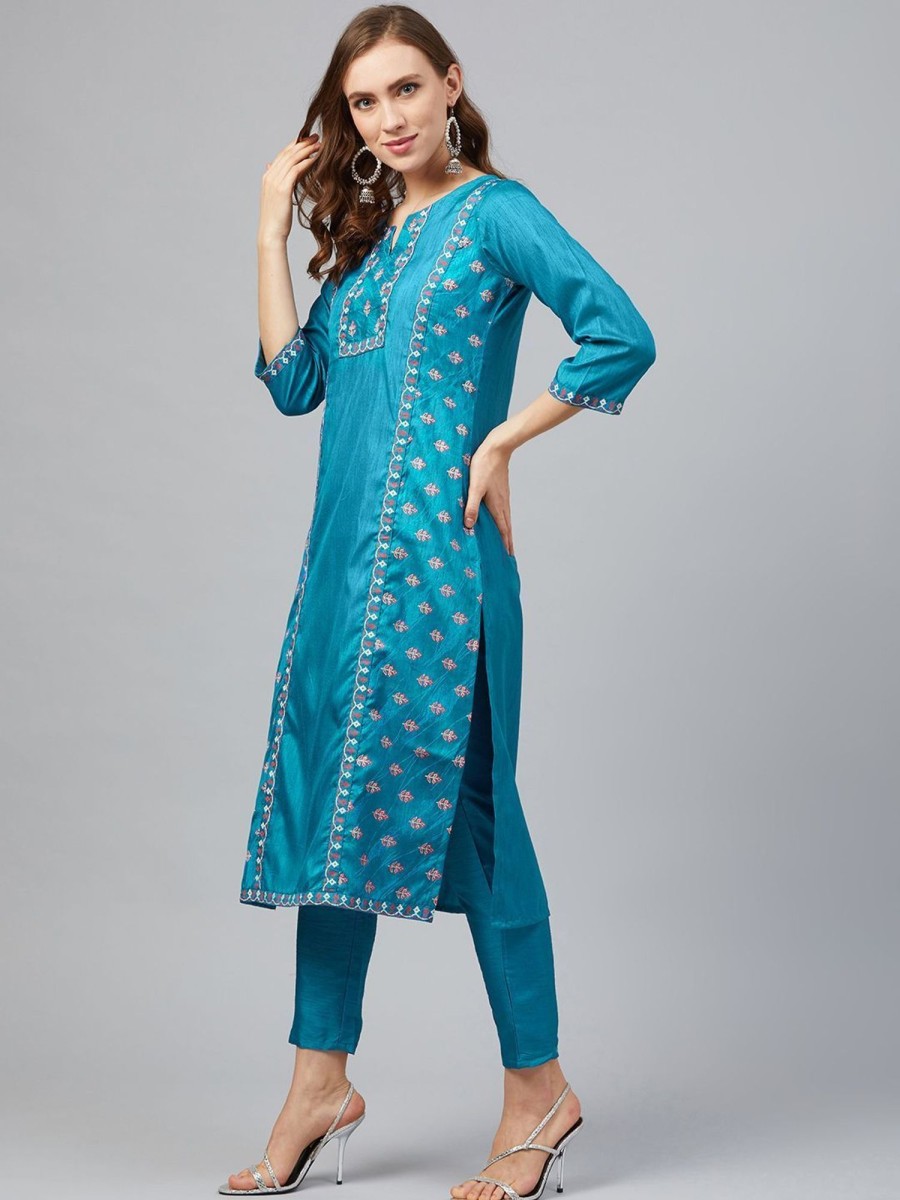 Women Ziyaa | Women'S Blue Colour Straight Art Silk Kurta - Ziyaa Peacock Blue