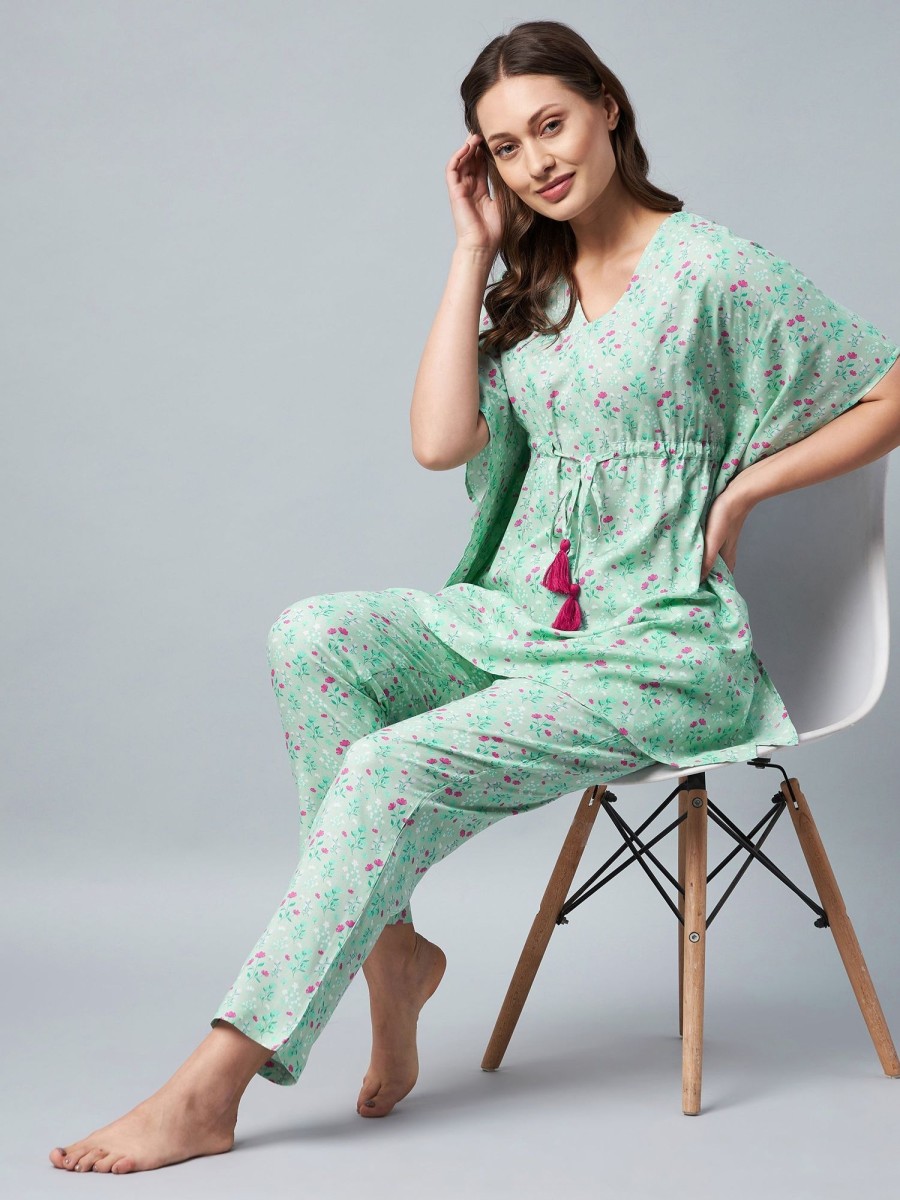 Women StyleStone | Women'S U0026 Pink Floral Printed Kaftaan Style Set - Stylestone Green