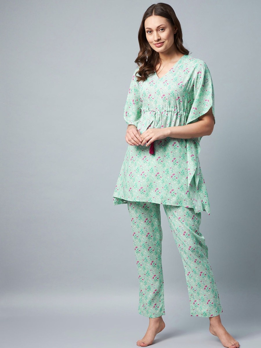 Women StyleStone | Women'S U0026 Pink Floral Printed Kaftaan Style Set - Stylestone Green