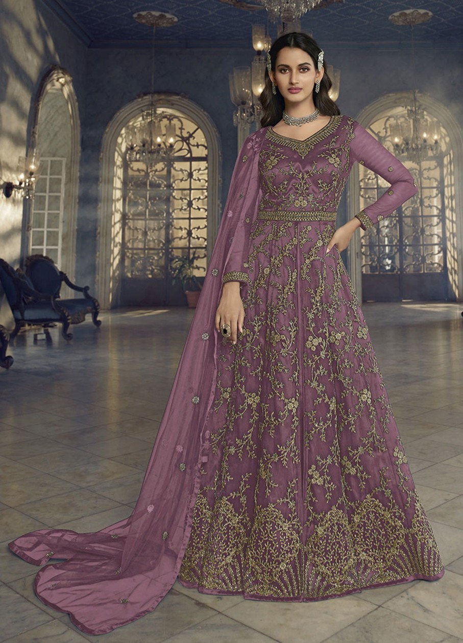 Women Monjolika | Women'S Dark Mauve Soft Net Semi Stitched Embroidered Designer Suit - Monjolika Purple