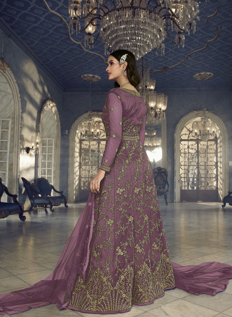 Women Monjolika | Women'S Dark Mauve Soft Net Semi Stitched Embroidered Designer Suit - Monjolika Purple