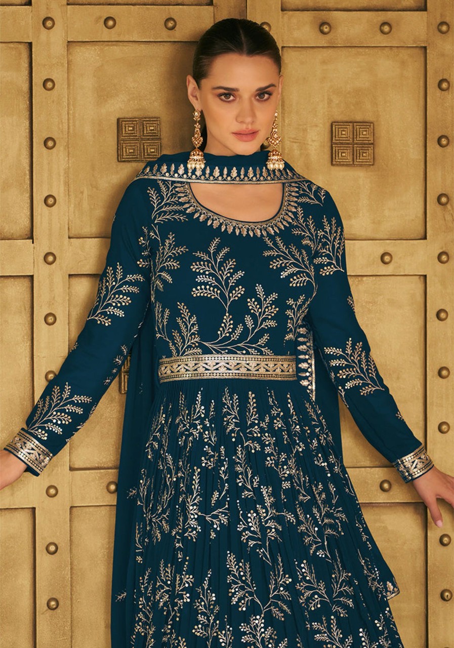 Women Monjolika | Women'S Dark Teal Color Georgette Embroidered Stitched Partywear Suit - Monjolika Blue