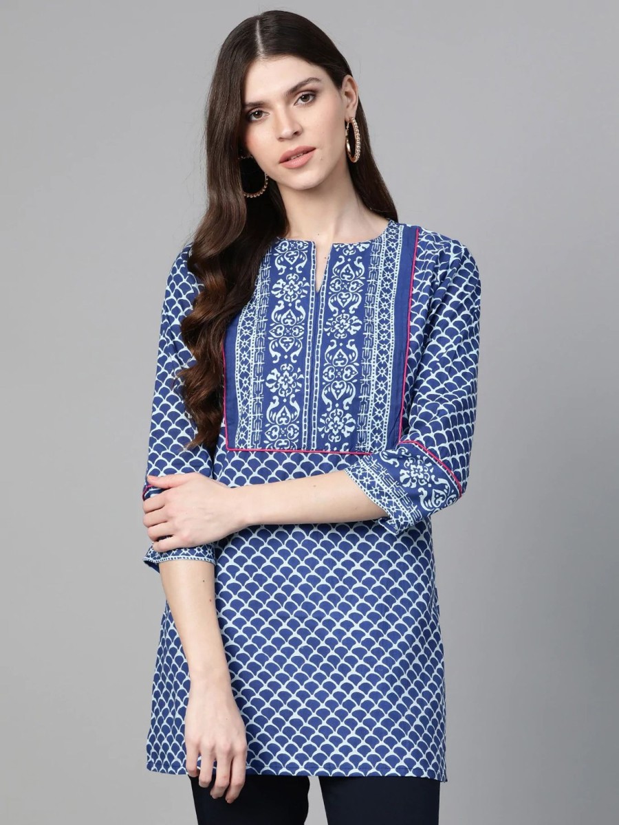 Women Wahe-NOOR | Women'S Blue U0026 White Printed Tunic - Wahe-Noor