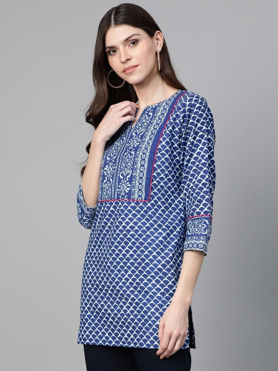 Women Wahe-NOOR | Women'S Blue U0026 White Printed Tunic - Wahe-Noor