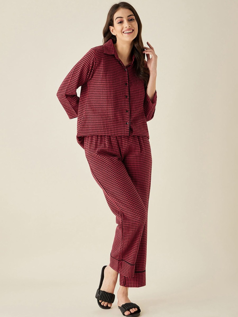 Women The Kaftan Company | Herringbone Cotton Pyjama Set - The Kaftan Company Red